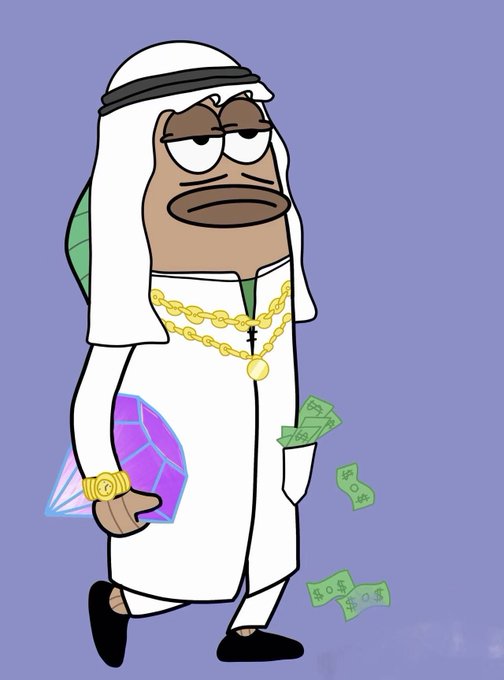 The image features a cartoon character dressed in a white coat with gold accents, holding a purple gemstone and money. The character appears to be walking down a street or alleyway while carrying these items. The background of the image is blue, which contrasts with the white coat and purple gemstone. There are also some numbers visible on the image, possibly representing the value of the gemstone or other objects in the scene.