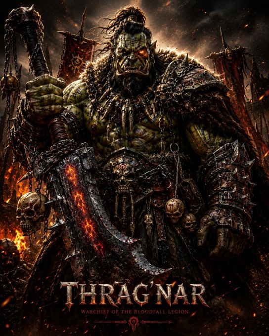 Fantasy artwork of a fierce green orc warrior titled 'THRAG'NAR - WARCHIEF OF THE BLOODFALL LEGION', wielding a glowing red fiery sword with skulls hanging from his armor.