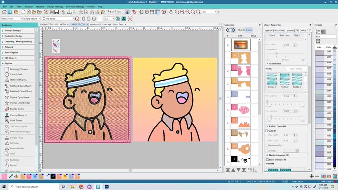 A screenshot of Hatch Embroidery software showing two cartoon boy designs with headbands being digitized for embroidery, with various design panels and toolbars visible.