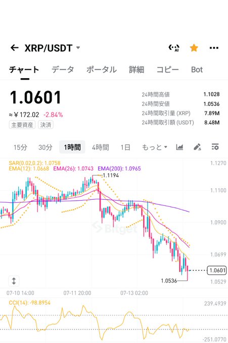 Binance cryptocurrency chart for XRP/USDT showing a price of 1.0601 USDT (down 2.84%) on a 1-hour timeframe with EMA and SAR indicators.
