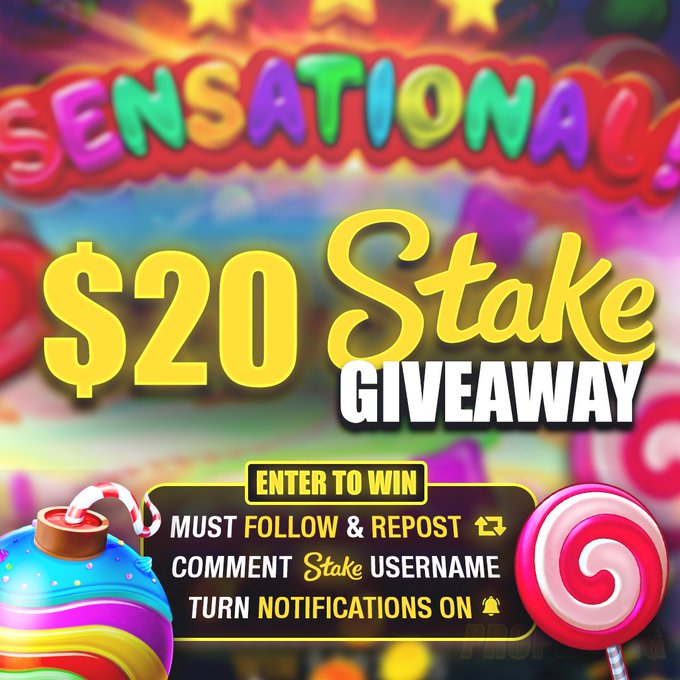 The image features a colorful advertisement for a lotto game called "Sensationational" with a large, eye-catching background of candy and sweets. The text on the poster reads "20 $20 @Stake Giveaway", indicating that there is a lotto game offering where participants can win a prize by entering their name or email address. The post also mentions that the winner must follow and repost the creator to claim their prize, as well as comment on the post for additional information about the lotto game.