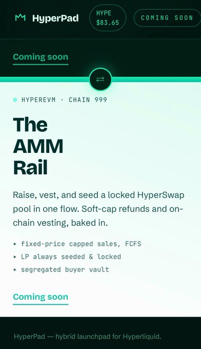 A mobile app screen for "HyperPad" showing a "HYPE" token price of $83.65 and a "Coming soon" feature titled "The AMM Rail" on the HYPEREVM chain 999.