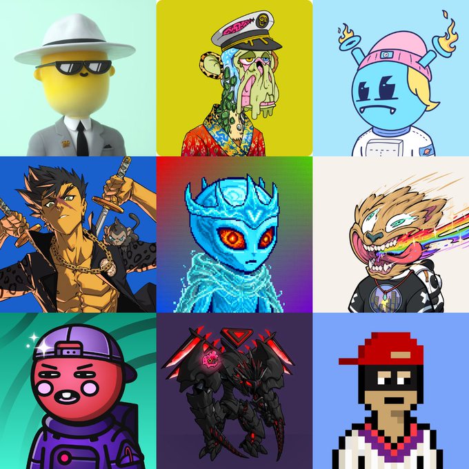 A 3x3 grid of various NFT character illustrations including a spy egg in a white hat, a captain monkey, a blue flame-hooded figure, a warrior with chains, a glowing blue ice creature, a rainbow-mouthed wolf, a red astronaut, a dark armored figure with red accents, and a pixelated 8-bit character.
