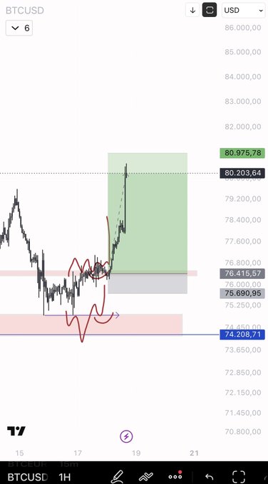 A TradingView chart of BTCUSD on the 1-hour timeframe shows Bitcoin's recent price action with a marked green profit target zone near $80,975.78 and a red loss zone around $74,208.71, alongside a red hand-drawn analysis indicating a trading setup with entry, stop-loss, and take-profit levels.