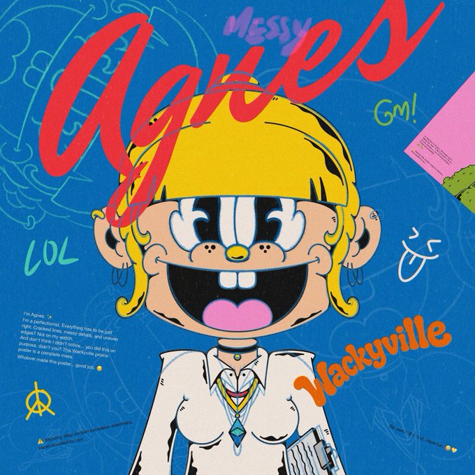 A colorful digital illustration features a cartoon girl with blonde hair, a wide grin, and blue eyes against a blue background, surrounded by graffiti-style text reading "Agnes," "Messy," "GM!", "LOL," and "Wackyville," along with a "PS Agne..." message praising the character's vibe. The vibrant, playful artwork aligns with the post's promotion of a limited 111-piece NFT collection, where each piece is a unique 1/1 minting in three days.
