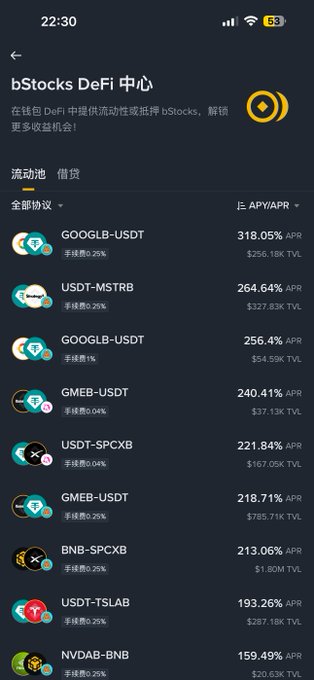 Mobile app screenshot showing bStocks DeFi 中心 (DeFi Center) liquidity pools, displaying various trading pairs like GOOGLB-USDT, USDT-MSTRB, GMEB-USDT with high APY rates (318.05%, 264.64%, 256.4%, etc.).