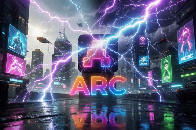 The image features a neon-colored sign with the word "ARC" written in large letters at the bottom center of an urban city scene. The background includes buildings, cars, and other elements typical of a bustling cityscape. The colors used for the sign are bright and eye-catching, making it stand out against the dark sky filled with lightning bolts.