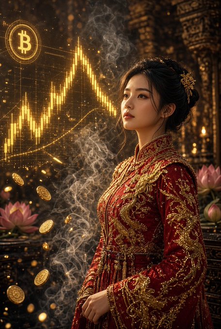 A digital artwork of an Asian woman in an ornate red and gold traditional dress, with a Bitcoin logo and golden price chart graphics overlaid in the background.