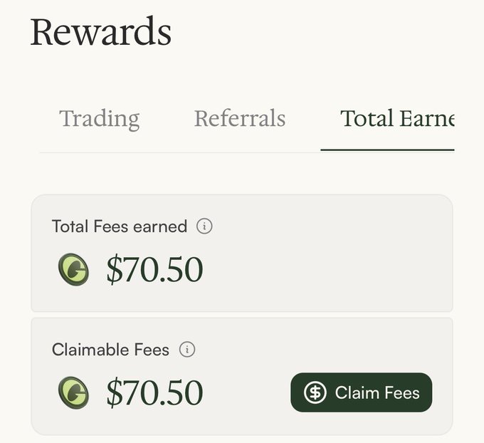 A "Rewards" screen from an app showing "Trading," "Referrals," and "Total Earned" tabs, with Total Fees earned and Claimable Fees both at $70.50 and a "Claim Fees" button.