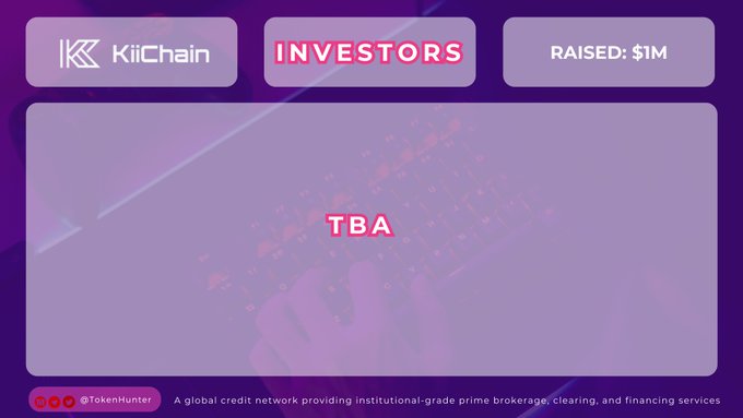 A TokenHunter promotional graphic for KiiChain showing 'INVESTORS: TBA' and 'RAISED: $1M', with the tagline 'A global credit network providing institutional-grade prime brokerage, clearing, and financing services.'