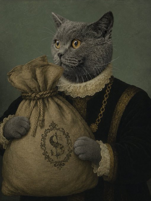 A surreal digital portrait of a grey cat dressed in Renaissance-style clothing, holding a large burlap sack marked with a dollar sign.
