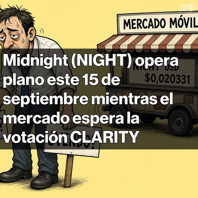 A Spanish cartoon showing a dejected man holding a 'CERRADO' sign next to a food truck labeled 'MERCADO MÓVIL,' with overlay text reading 'Midnight (NIGHT) opera plano este 15 de septiembre mientras el mercado espera la votación CLARITY.'