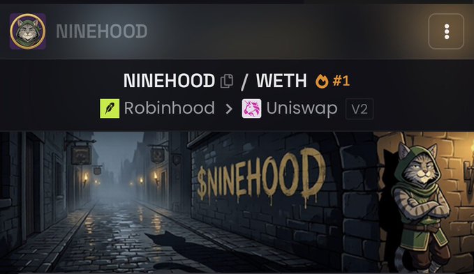 This image shows the $NINEHOOD token trending #1 on Dexscreener via Uniswap V2. The artwork features a stylized cat character on a street with "$NINEHOOD" graffiti.