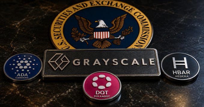 A collection of crypto-related items on a dark surface, including a "GRAYSCALE" plaque, a US Securities and Exchange Commission seal, and coins for ADA (Cardano), DOT (Polkadot), and HBAR (Hedera).