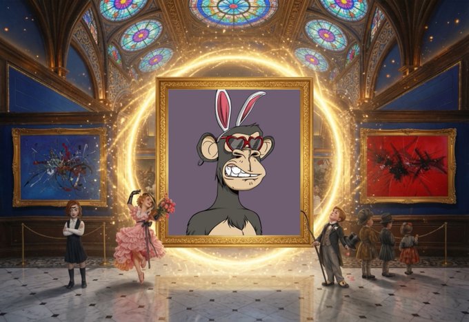 A monkey character wearing bunny ears and sunglasses is displayed in a glowing gold frame within an ornate gallery, surrounded by smaller figures in elegant attire.