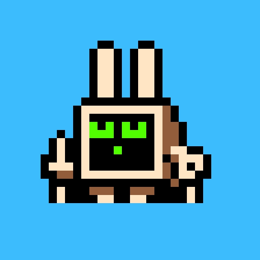A pixel art illustration of a beige rabbit-like character with green eyes wearing a black outfit against a solid blue background.