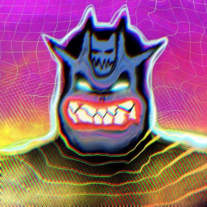 A glitchy, surreal digital artwork of a blue, demon-like creature with a wide, toothy grin and closed eyes, set against a warped pink grid background with chromatic aberration effects.