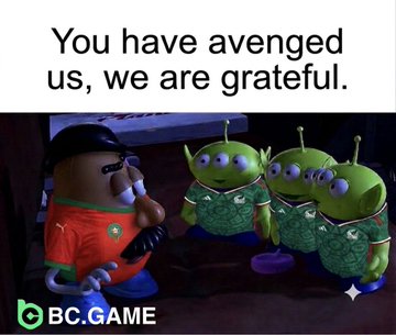 A meme featuring Toy Story aliens thanking Mr. Potato Head with the text 'You have avenged us, we are grateful' and a BC.GAME logo watermark.