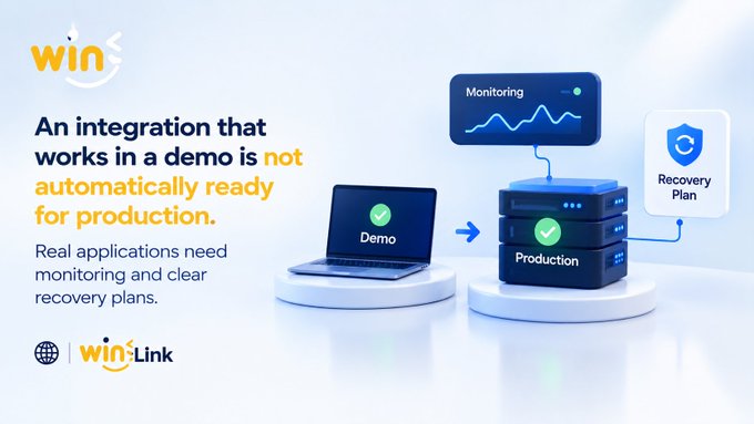 A promotional graphic for WinLink with the headline 'An integration that works in a demo is not automatically ready for production,' showing a transition from a 'Demo' laptop to 'Production' servers with monitoring and recovery plan elements.