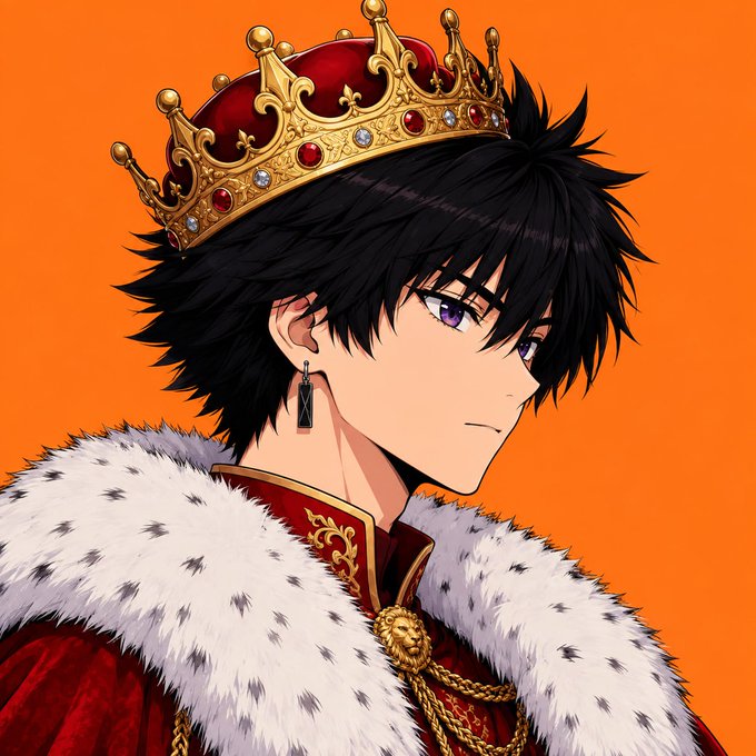 An anime-style illustration of a young man with black hair and purple eyes wearing an ornate gold crown with red gems, set against an orange background.