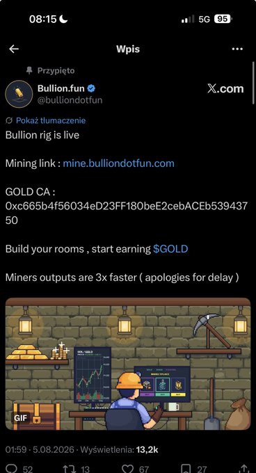 An X.com post by @bulliondotfun announcing 'Bullion rig is live' with a mining link and gold contract address, showing a GIF of a miner character working at a computer with charts displayed.