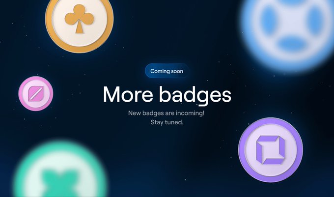Dark themed UI screen announcing "More badges - Coming soon" with floating colorful circular badge icons including a club and cube design.