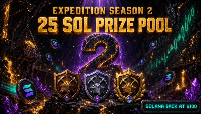 A promotional graphic reading 'EXPEDITION SEASON 2', '25 SOL PRIZE POOL', and 'SOLANA BACK AT $100', featuring three tiered trophies and the Solana logo.