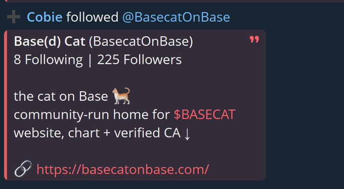 The image shows a social media notification indicating that user Cobie followed @BasecatOnBase, whose profile "Base(d) Cat" describes itself as a community-run home for the $BASECAT meme coin on Base, with 8 Following, 225 Followers, and a link to basecatonbase.com. The post highlights this new high-profile endorsement as a catalyst for $BASECAT's price action, speculating on whether it can sustain its rally above a 5m market cap despite the Base community's perceived paper hands and recent fearful sentiment.