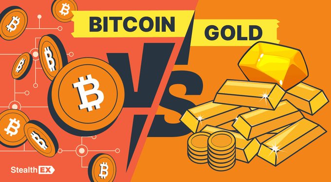 A graphic illustration titled "BITCOIN VS GOLD" shows Bitcoin coins on a red background contrasted with gold bars and coins on an orange background, branded with "StealthEX".