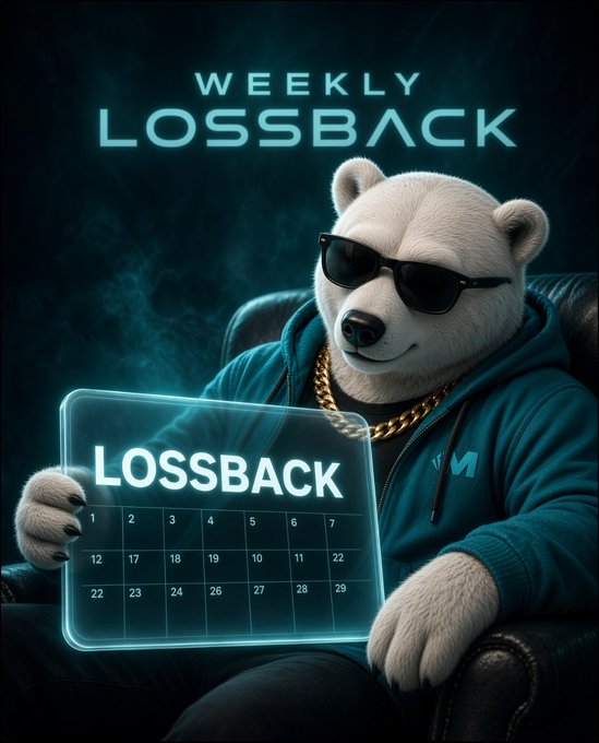 A promotional image features a polar bear wearing sunglasses and a teal jacket holding a transparent holographic calendar labeled 'WEEKLY LOSSBACK'.