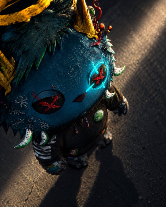 A close-up 3D-rendered illustration of a small, dark fantasy creature with glowing red X-shaped eyes and sharp teeth, standing on an asphalt surface.