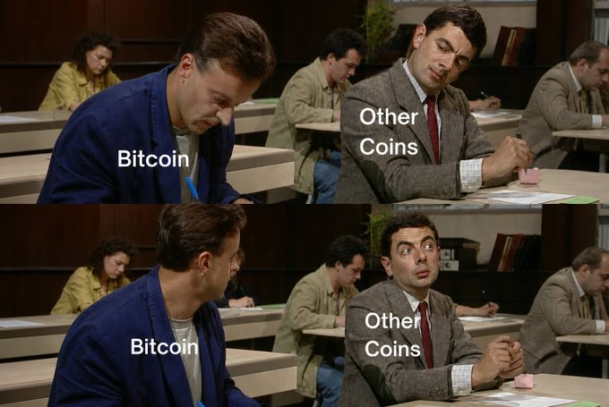 A four-panel meme from the TV show Seinfeld labeled 'Bitcoin' and 'Other Coins,' showing the Bitcoin character ignoring the other coins character in the top panels and turning toward him in the bottom panel.