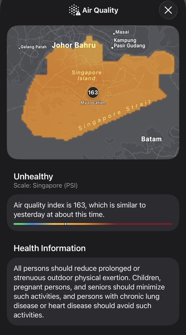 A smartphone screenshot showing the air quality in Singapore as 'Unhijari' (Unhealthy) with a PSI index of 163, featuring health warnings to reduce outdoor exertion.