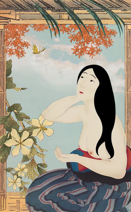 The image features a woman with long hair sitting next to flowers, possibly a butterfly or a bee. The background of the painting has a blue sky and trees, creating an impressionistic style that emphasizes the beauty of nature. The caption "Gm fam Happy Thursday" is written in the bottom right corner of the image.