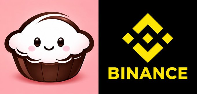 The image shows a split design featuring a cute, smiling cartoon cupcake/muffin character on a pink background on the left, alongside the official yellow Binance logo on a black background on the right, visually supporting the post's speculation about $TART potentially being the next listing on Binance Alpha.