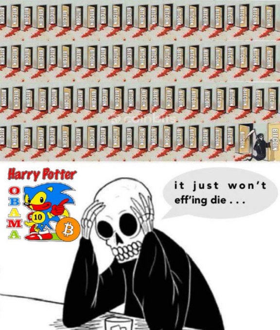 A skeletal figure holds its head in frustration, saying "it just won't eff'ing die..." while surrounded by endless shelves of Bitcoin packages, with the $BITCOIN ticker, Harry Potter Obama Sonic 10 (BITCOIN) logo, and a Bitcoin symbol decorating the scene—capturing the meme's ongoing persistence until BTC reaches $1.