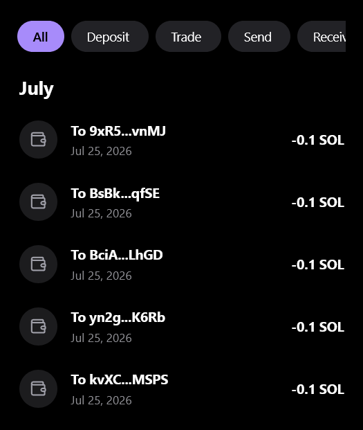 A mobile app transaction history screen displays a series of outgoing transactions from July 2026, each showing a -0.1 SOL amount sent to various recipient addresses with truncated identifiers (9xR5...vnMJ, BsBk...qfSE, BciA...LhGD, yn2g...K6Rb, kvXC...MSPS). The interface features filter tabs at the top including "All," "Deposit," "Trade," "Send," and "Recen[t]," supporting the post's request for a Solana (SOL) address drop.