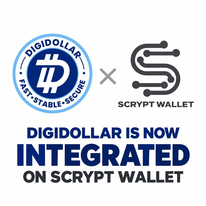 A promotional graphic showing the Digidollar logo (described as 'Fast • Stable • Secure') next to the Scrypt Wallet logo, with the text 'DIGIDOLLAR IS NOW INTEGRATED ON SCRYPT WALLET.'