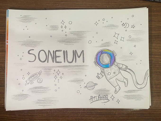 A hand-drawn pencil sketch featuring the text "SONEIUM" with an astronaut floating in space surrounded by planets and stars, signed "AMTAHAR".
