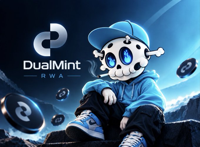 Promotional artwork for 'DualMint RWA', featuring a cartoon skull character wearing a blue hoodie and cap, smoking a cigarette, surrounded by floating black crypto-style tokens.