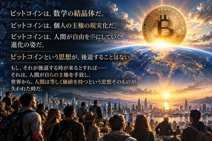 A motivational graphic depicts a crowd looking at a glowing Earth and a large Bitcoin symbol in the sky, accompanied by Japanese text about Bitcoin as a crystallization of mathematics and personal sovereignty.