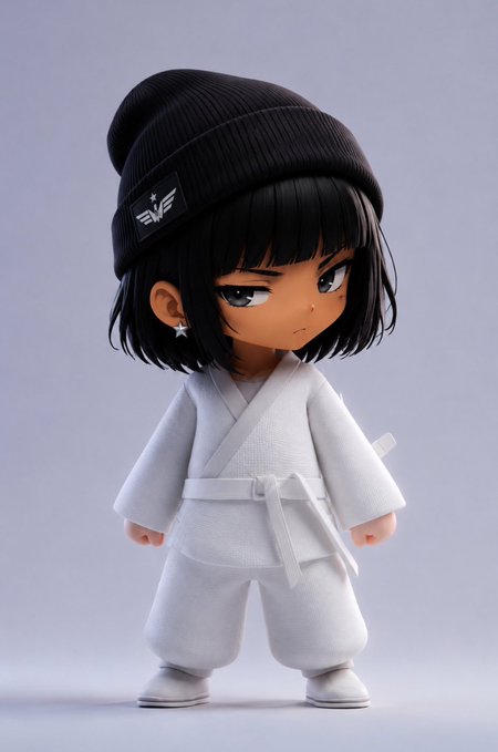 A 3D-rendered stylized character with a black beanie featuring a 'FWS' logo wears a white martial arts gi.