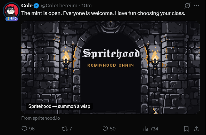 A tweet from @ColeTthereum captioned "The mint is open. Everyone is welcome. Have fun choosing your class." promotes a pixel-art game called "Spritehood" on Robinhood Chain, where users can "summon a wisp." The accompanying post criticizes the project, noting it's a $755k mint attempt by a creator who previously sold a project for $2.5M, with 13k of the 44,444 supply already minted.