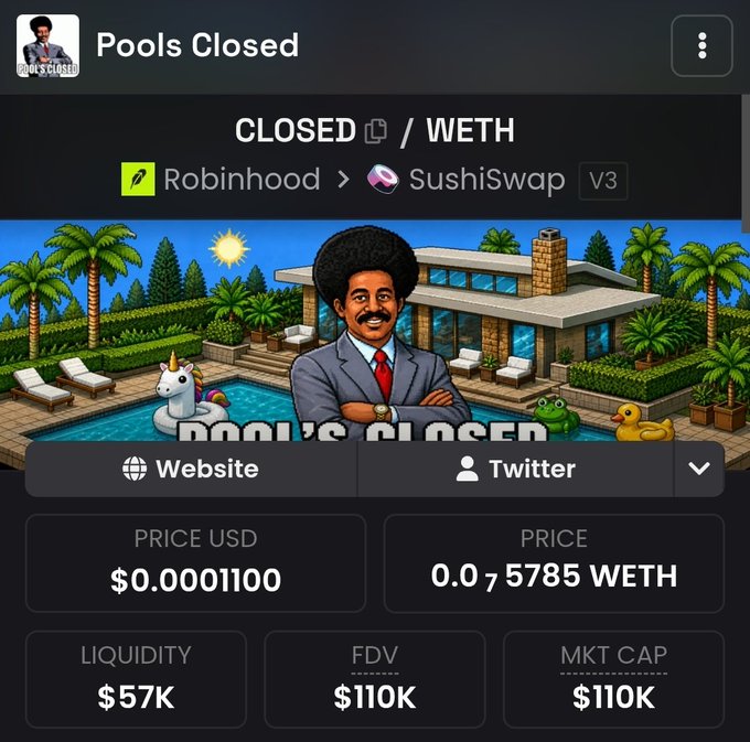 The image displays a cryptocurrency tracking page for a token called "CLOSED" ($CLOSED) paired with WETH on SushiSwap V3 (via Robinhood), showing a price of $0.0001100 USD and a market cap of $110K, accompanied by cartoon artwork of a man by a pool with "POOLS CLOSED" text. This relates to the post's criticism that SushiSwap blacklisted the $CLOSED token, allegedly to capture trading volume while roughly 25% of tokens launched originated from CLOSED.