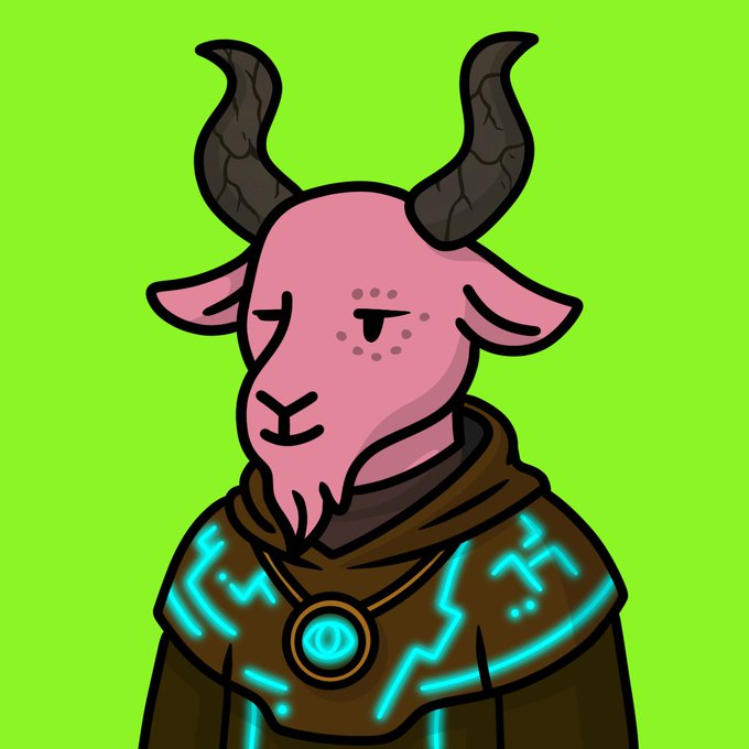 A cartoon illustration of a pink goat character with black horns wearing a brown robe with glowing cyan runes and a circular medallion, set against a bright green background.