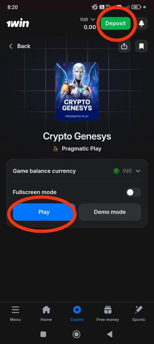 A screenshot of the 1win mobile app showing the "Crypto Genesys" game by Pragmatic Play, with red circles highlighting the "Deposit" button and "Play" button.