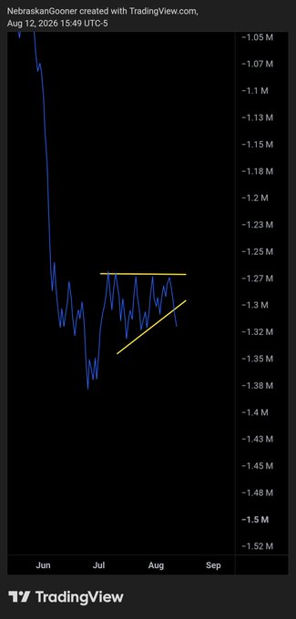 The image is a TradingView chart by NebraskaGooner dated Aug 12, 2026, showing Bitcoin's On-Balance Volume (OBV) on a daily timeframe, which displays a descending trend from ~-1.05M to ~-1.52M with a yellow ascending triangle pattern forming in the -1.27M to -1.35M range. This aligns with the post's concern that OBV is looking concerning and questioning whether volume is leading price action, as the declining OBV suggests selling pressure is outpacing buying activity in Bitcoin.