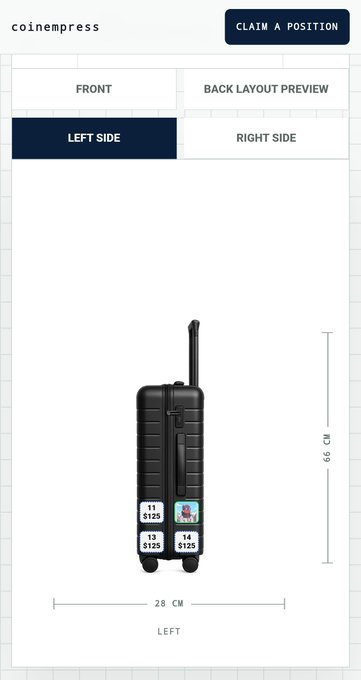 A mobile interface for 'coinempress' showing a 'BACK LAYOUT PREVIEW' of a black suitcase with available ad placement squares priced at $125.