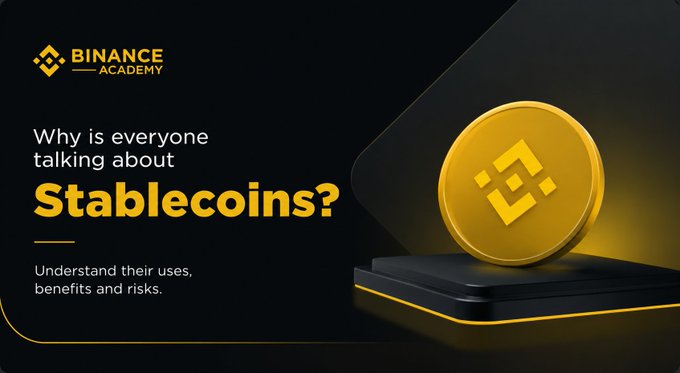 A Binance Academy promotional banner featuring a glowing 3D gold Binance coin alongside the text "Why is everyone talking about Stablecoins? Understand their uses, benefits and risks," directly introducing the topic of stablecoins discussed in the post.