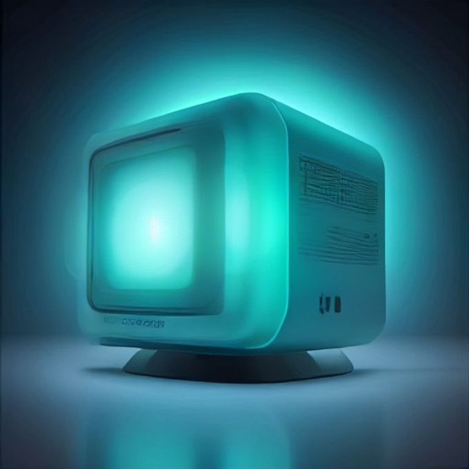 A stylized, glowing cyan retro-style computer monitor with a blank screen, sitting on a reflective surface against a dark background, evoking a nostalgic or vaporwave aesthetic.